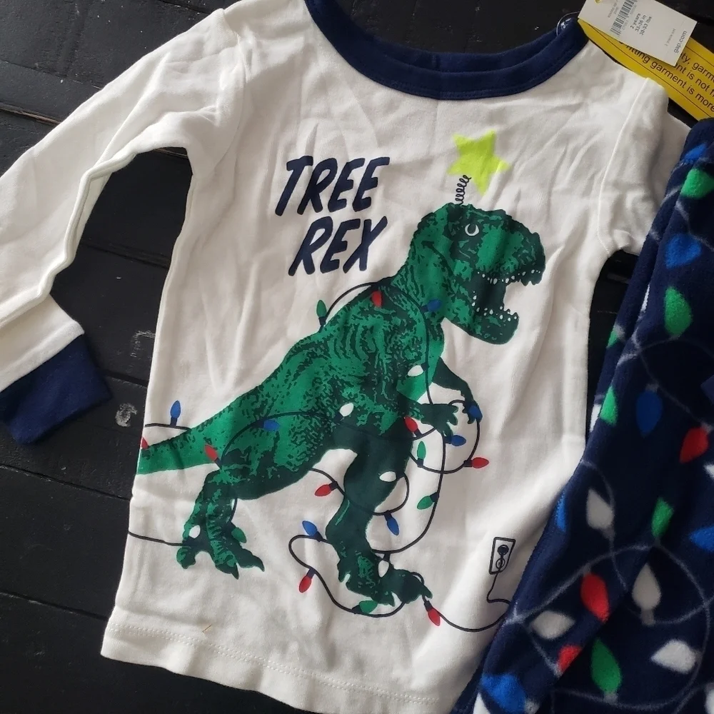 Gap NWT Toddler Boy 2T Tree Rex Dinosaur T-Rex Christmas Lights Pajamas PJ Set